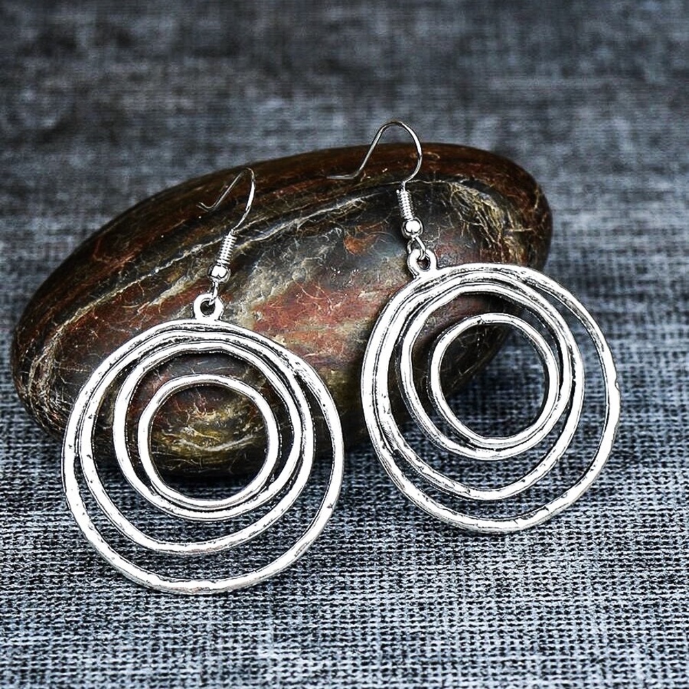 Any 2/$20! Silver Concentric Circle Boho Drop Earrings - Picture 2 of 7